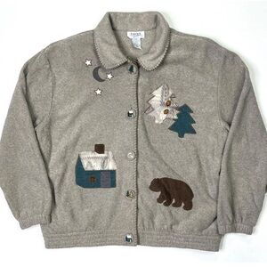 Teddi Jacket Women’s XL Embroidered Pine Trees Bear House Vintage Button Fleece